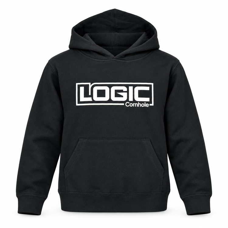 Logic Cornhole youth black pullover hoodie, front product mockup
