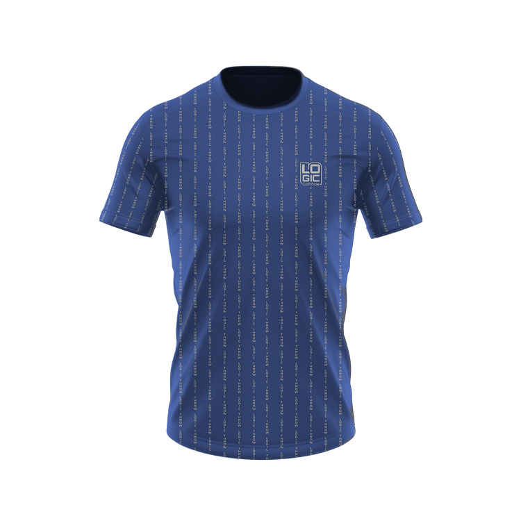 THROW LOGIC pinstripe short-sleeve shirt in navy, front product mockup recolored from original artwork