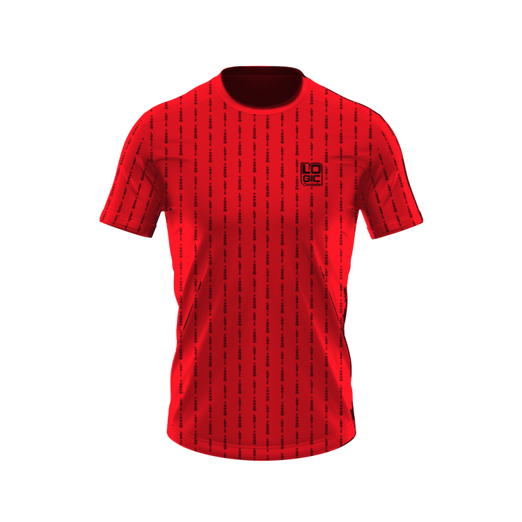 THROW LOGIC pinstripe short-sleeve shirt in red, front product mockup recolored from original artwork