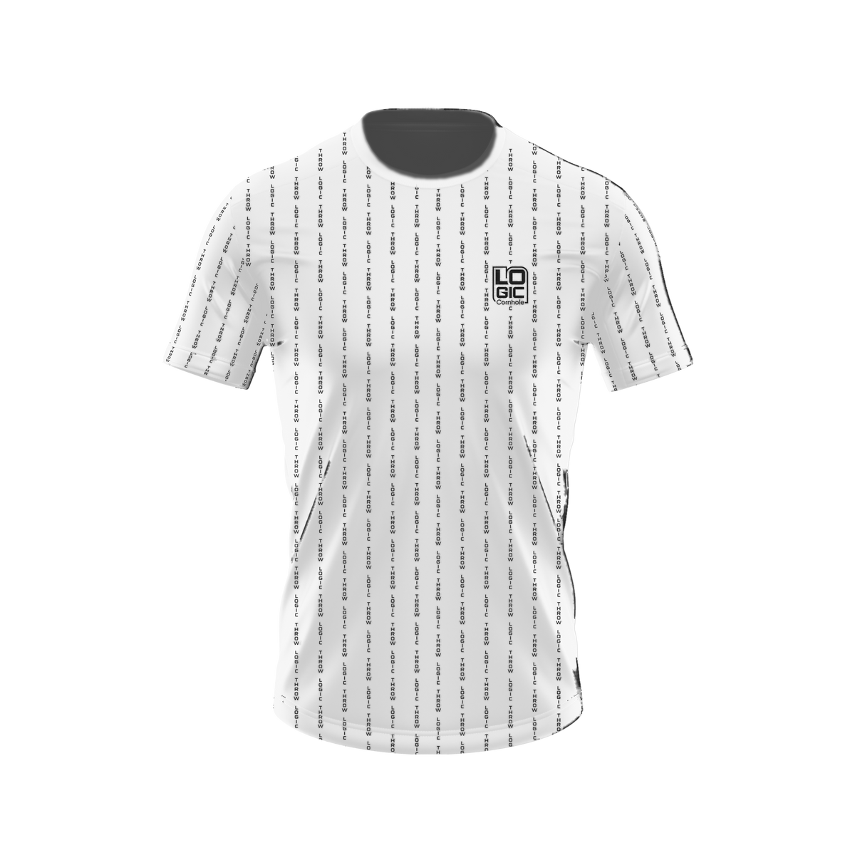 THROW LOGIC pinstripe short-sleeve shirt in white, front product mockup recolored from original artwork