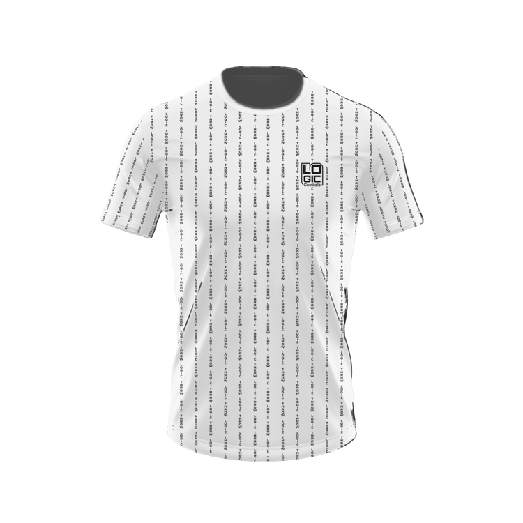 THROW LOGIC pinstripe short-sleeve shirt in white, front product mockup recolored from original artwork