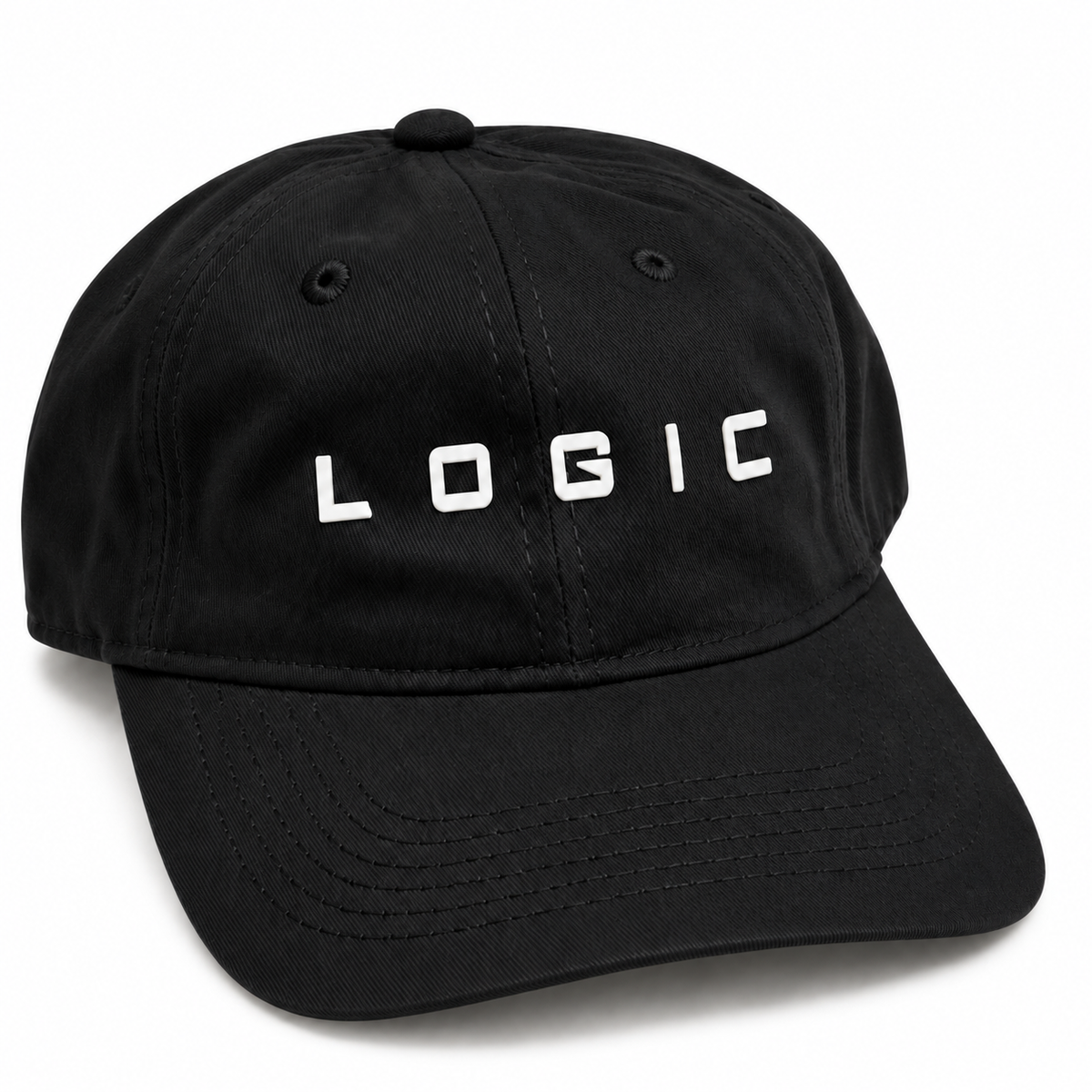 Product mockup of a black dad hat with a white raised LOGIC logo