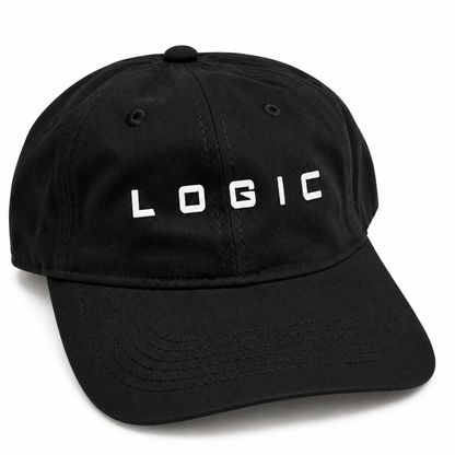 Product mockup of a black dad hat with a white raised LOGIC logo