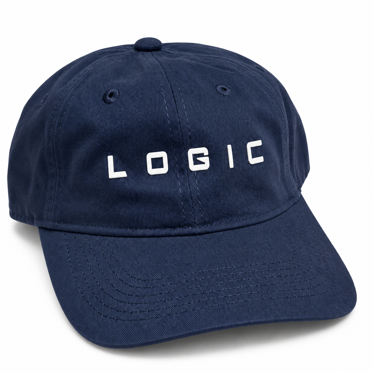 Product mockup of a navy dad hat with a white raised LOGIC logo
