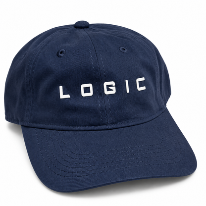 Product mockup of a navy dad hat with a white raised LOGIC logo