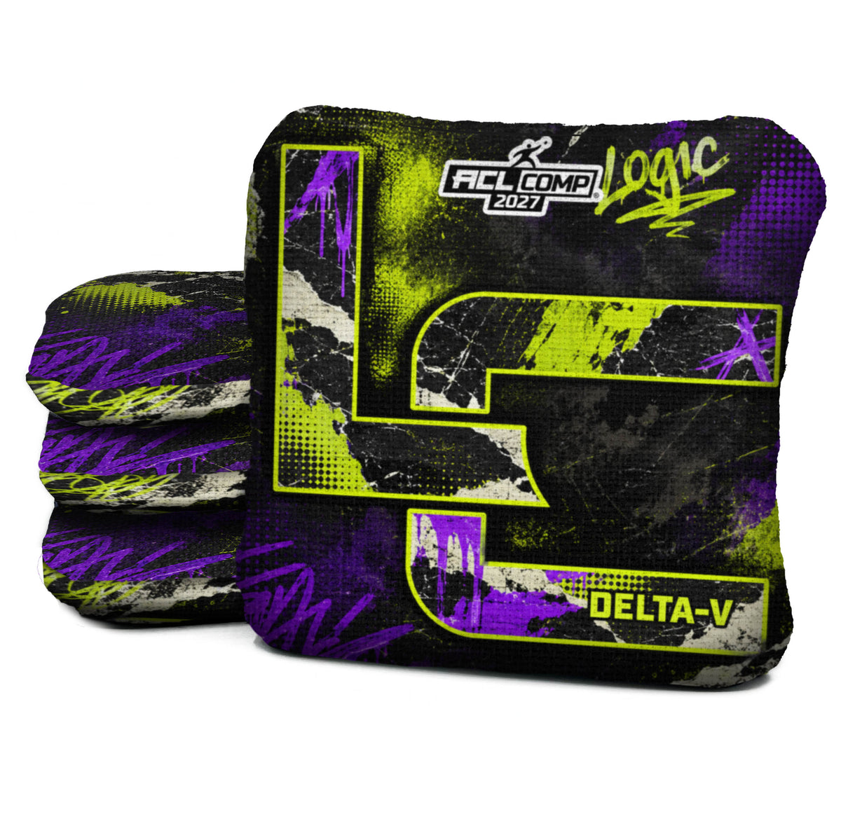 Acid Static DV cornhole bags with matching Logic-only graffiti reverse