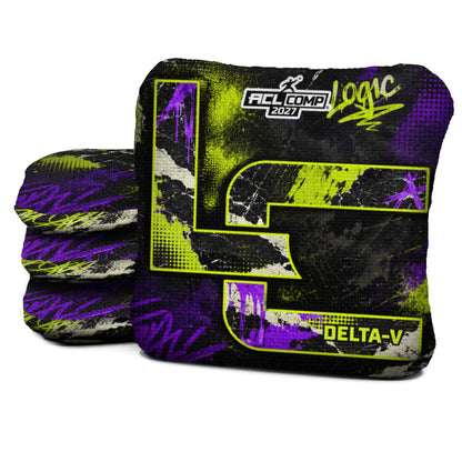 Acid Static DV cornhole bags with matching Logic-only graffiti reverse