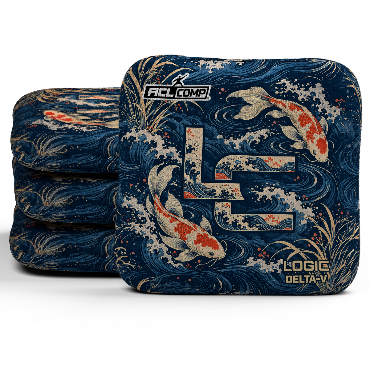 Koi LC Delta-V ACL Regular cornhole bags, set of four, koi and LC background-only printed slow side.