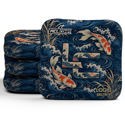 Koi LC Delta-V ACL Regular cornhole bags, set of four, koi and LC background-only printed slow side.