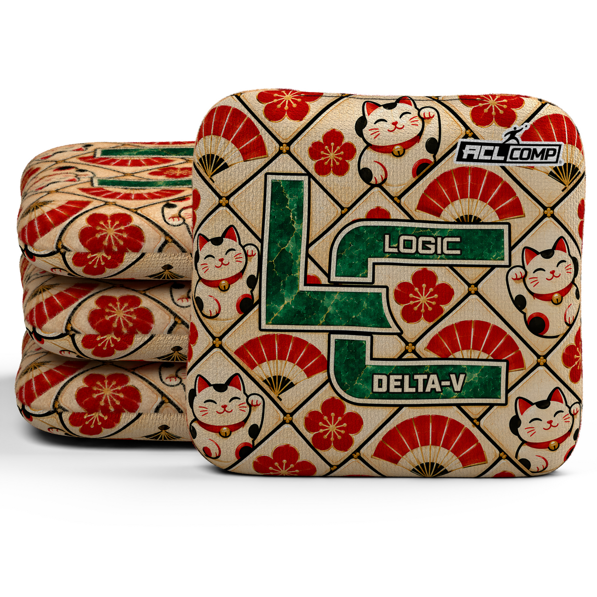 Lucky Jade Delta-V ACL cornhole bags, set of four, with matching printed SFE slow sides, jade LC, cream lucky cats and red fans.