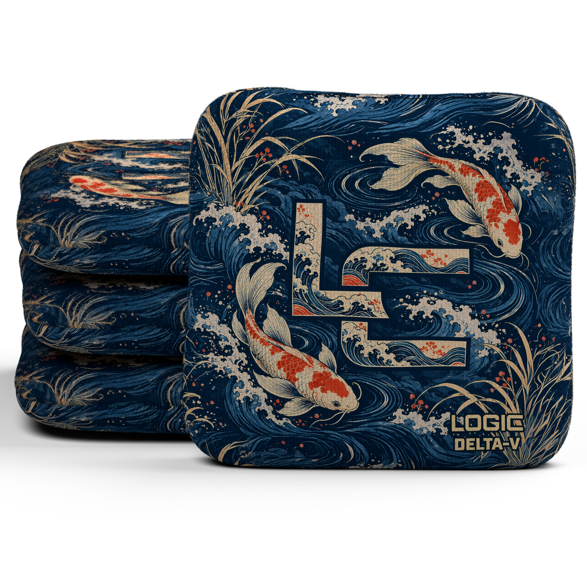 Koi LC Delta-V Unstamped Regular cornhole bags, set of four, koi and LC background-only printed slow side.