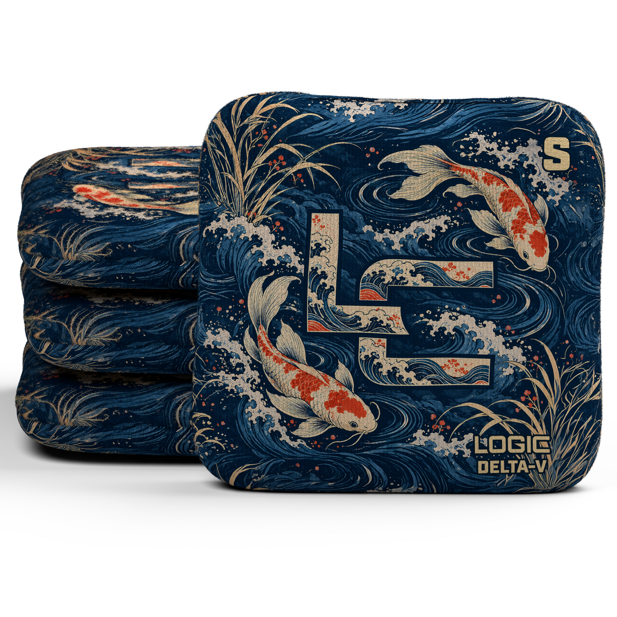 Koi LC Delta-V Unstamped S cornhole bags, set of four, koi and LC background-only printed slow side.