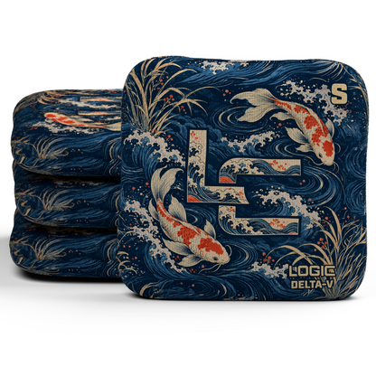 Koi LC Delta-V Unstamped S cornhole bags, set of four, koi and LC background-only printed slow side.