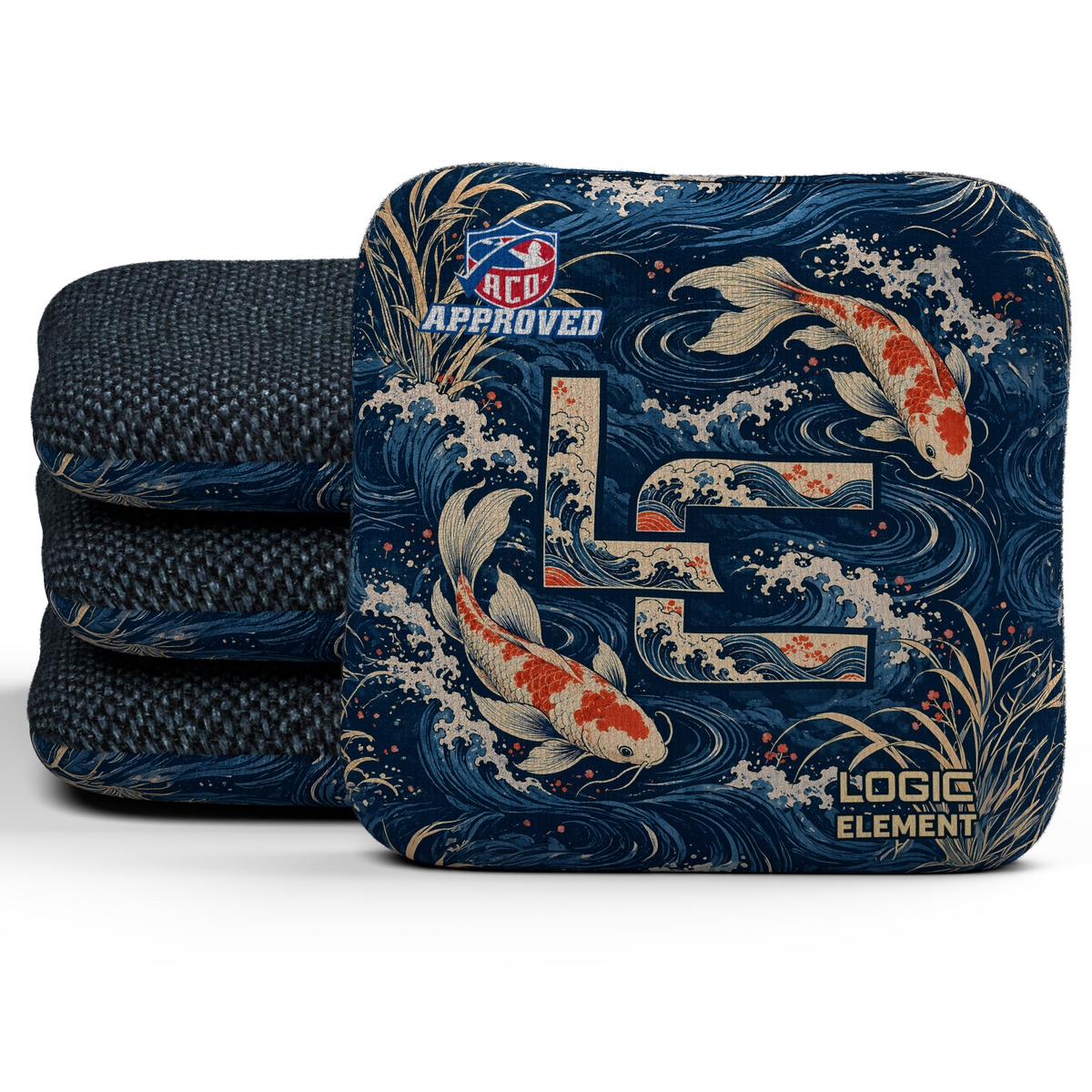 Koi LC Element ACO Regular cornhole bags, set of four, Midnight carpet.