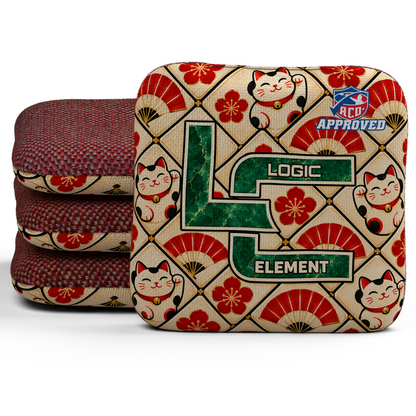 Lucky Jade Element ACO Regular cornhole bags, set of four, with Poppy carpet.