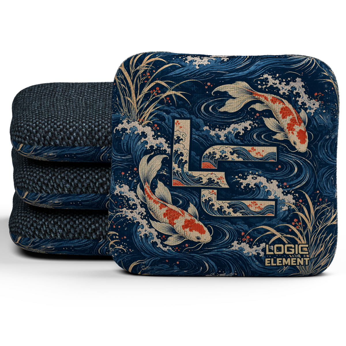 Koi LC Element Unstamped Regular cornhole bags, set of four, Midnight carpet.