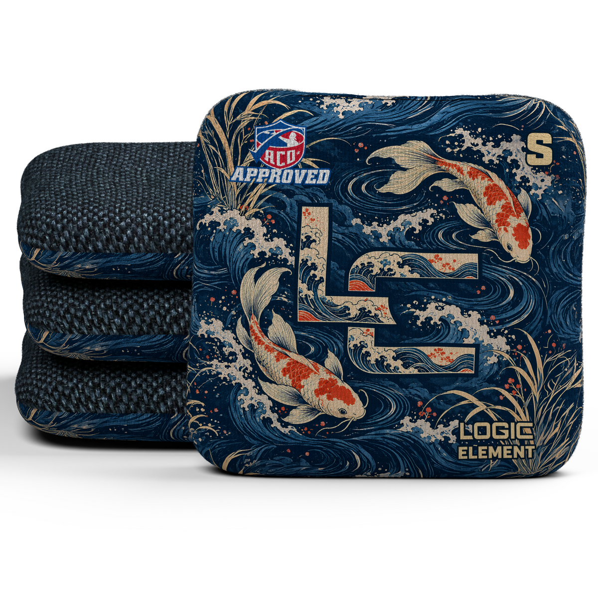 Koi LC Element ACO S cornhole bags, set of four, Midnight carpet.
