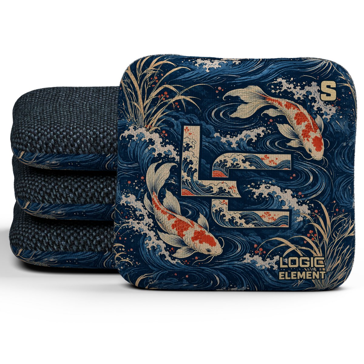 Koi LC Element Unstamped S cornhole bags, set of four, Midnight carpet.
