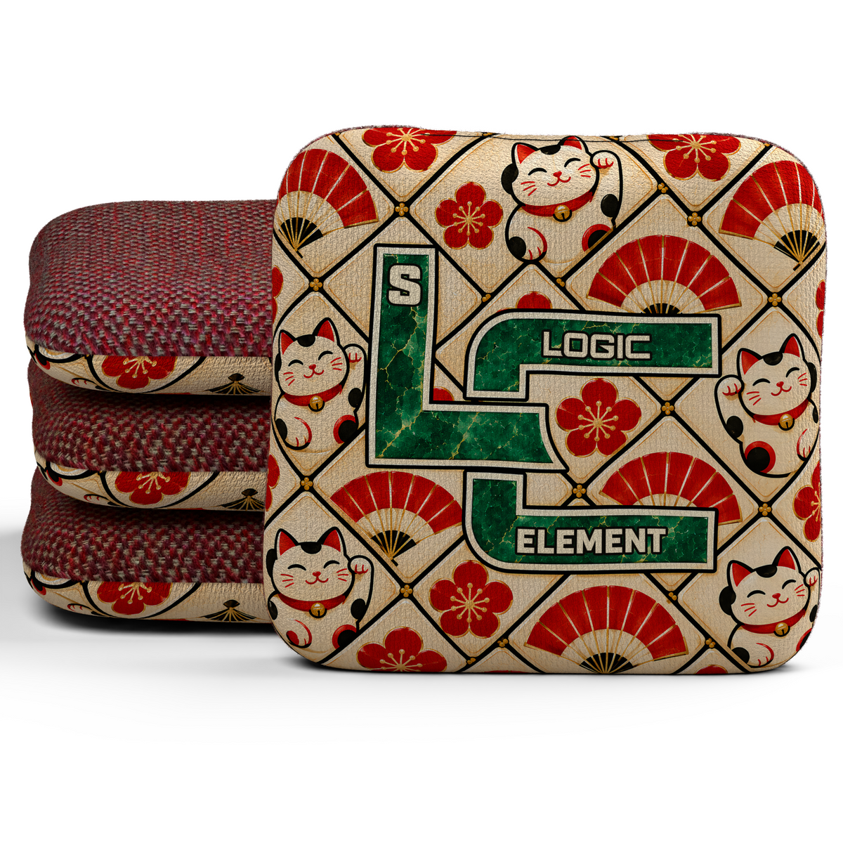 Lucky Jade Element Unstamped S cornhole bags, set of four, with Poppy carpet.