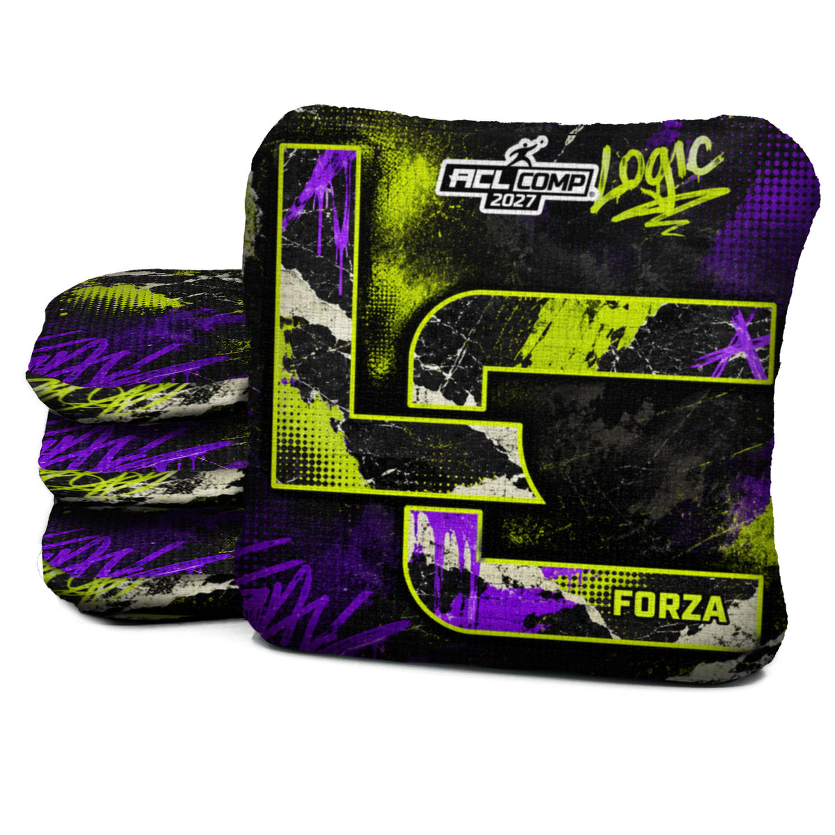 Acid Static FZ cornhole bags with matching Logic-only graffiti reverse