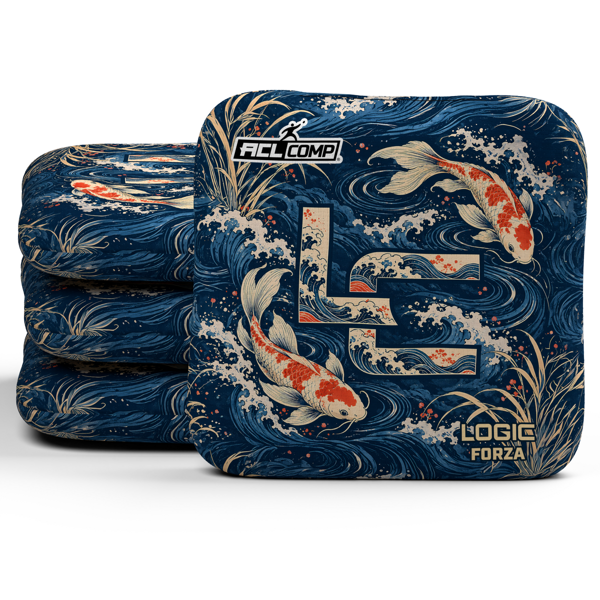 Koi LC Forza ACL Regular cornhole bags, set of four, koi and LC background-only printed slow side.
