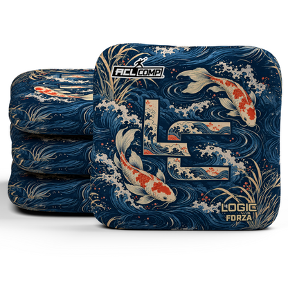 Koi LC Forza ACL Regular cornhole bags, set of four, koi and LC background-only printed slow side.