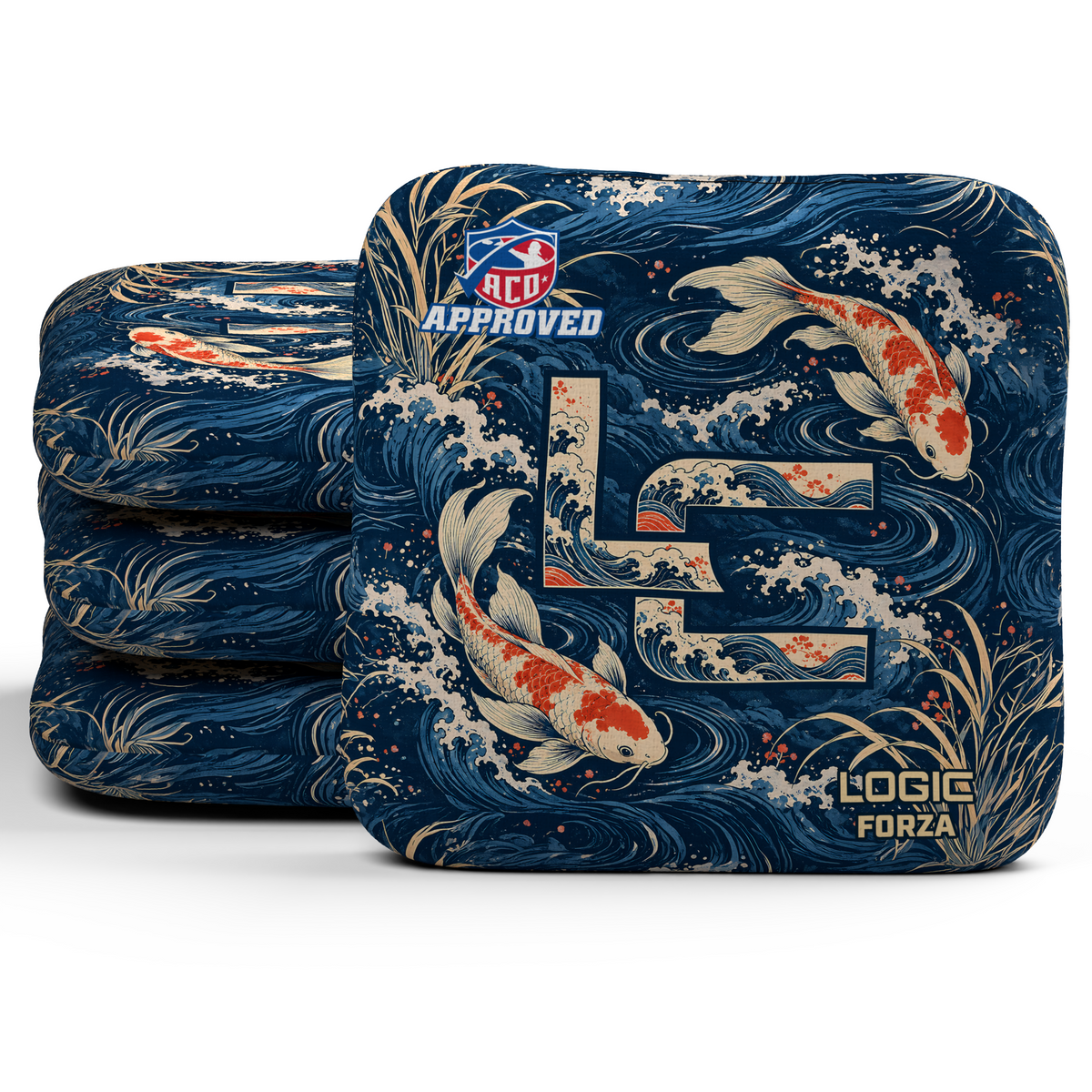 Koi LC Forza ACO Regular cornhole bags, set of four, koi and LC background-only printed slow side.