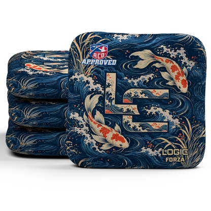Koi LC Forza ACO Regular cornhole bags, set of four, koi and LC background-only printed slow side.