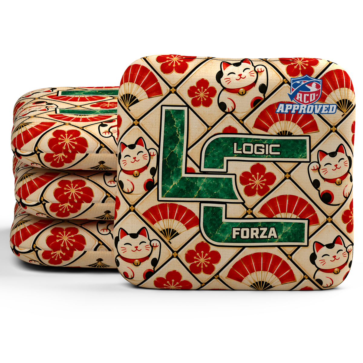 Lucky Jade Forza ACO Regular cornhole bags, set of four, with matching printed TBO slow sides.
