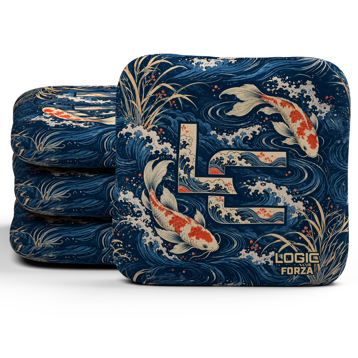 Koi LC Forza Unstamped Regular cornhole bags, set of four, koi and LC background-only printed slow side.