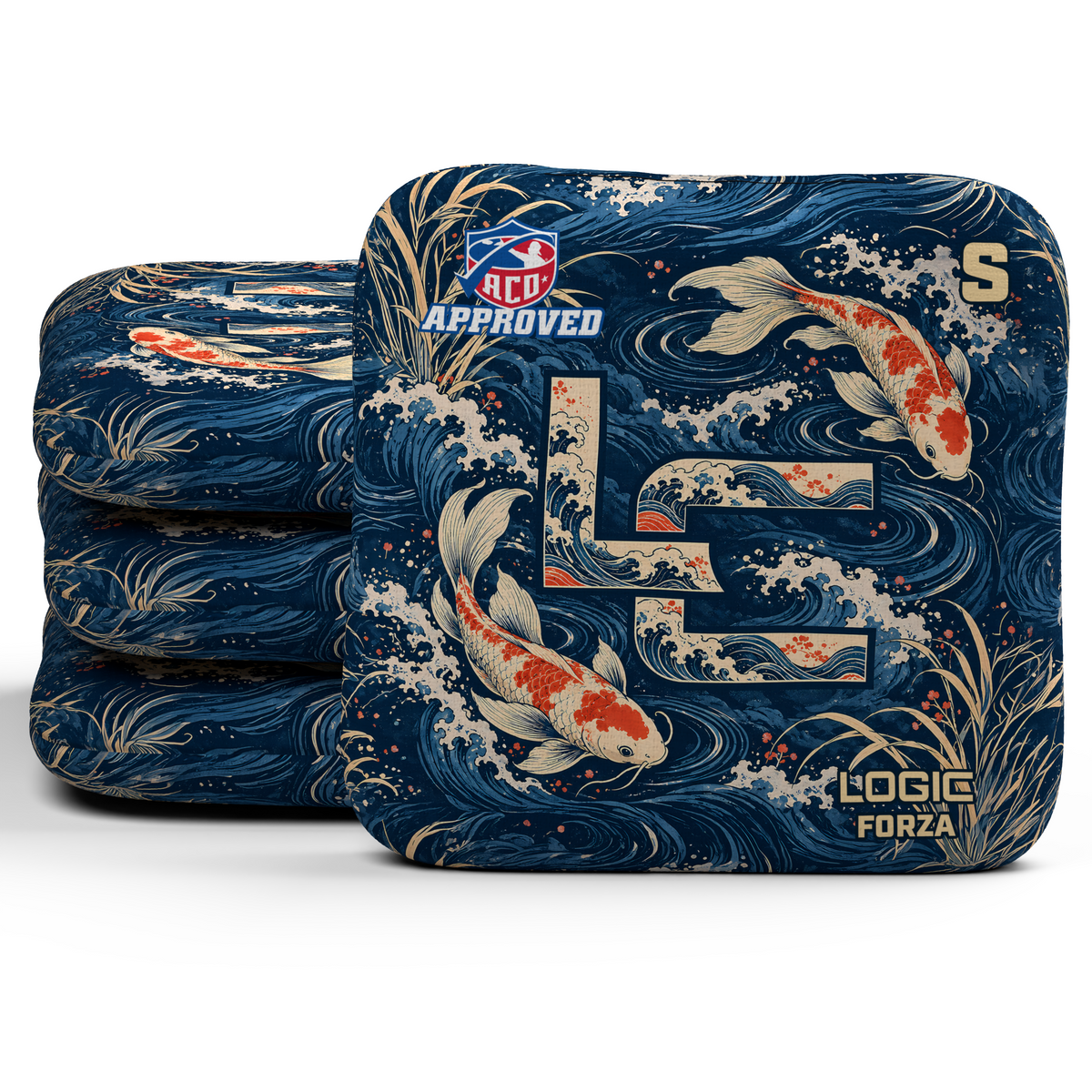 Koi LC Forza ACO S cornhole bags, set of four, koi and LC background-only printed slow side.