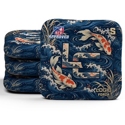 Koi LC Forza ACO S cornhole bags, set of four, koi and LC background-only printed slow side.