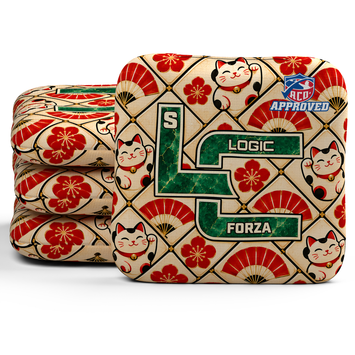 Lucky Jade Forza ACO S cornhole bags, set of four, with matching printed TBO slow sides.