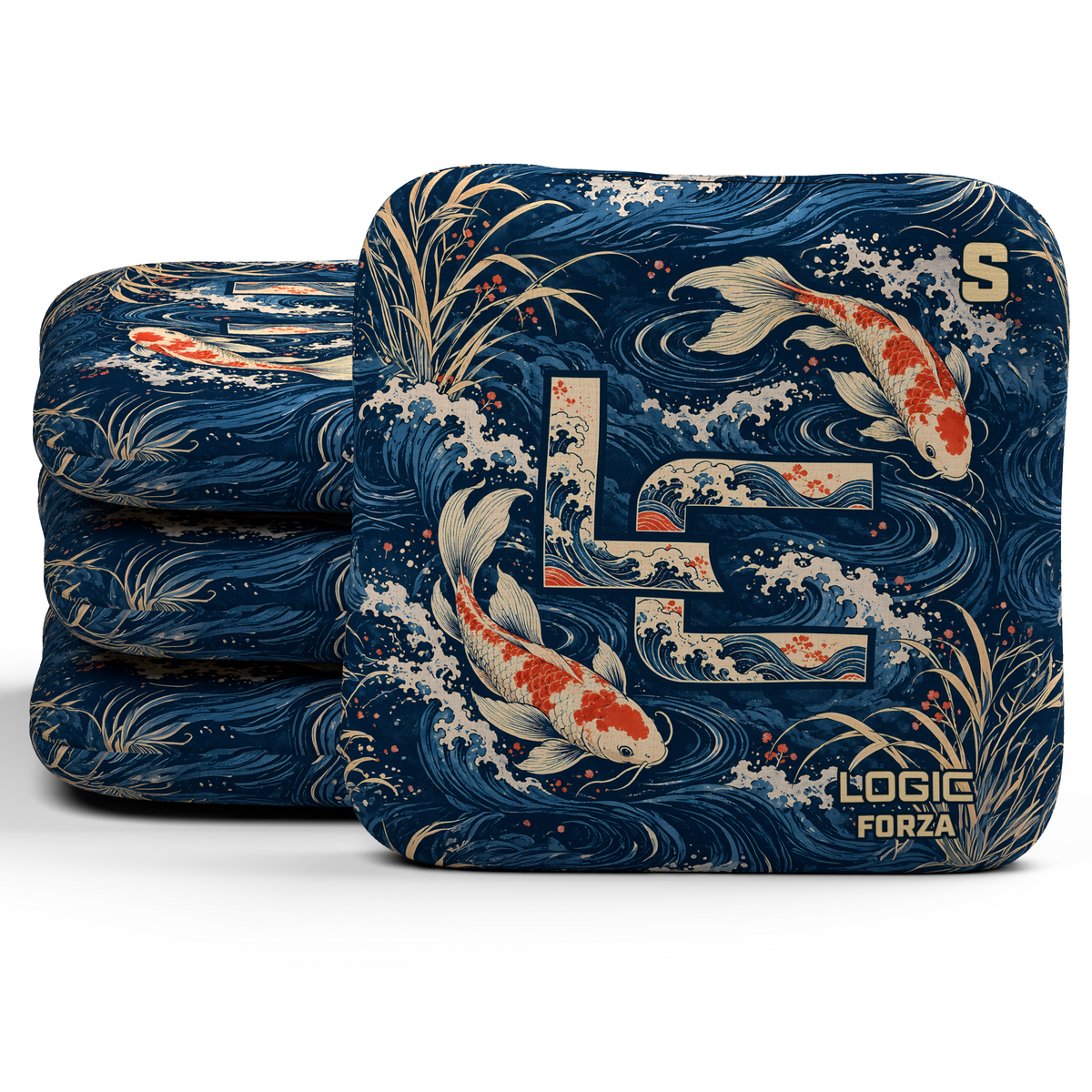 Koi LC Forza Unstamped S cornhole bags, set of four, koi and LC background-only printed slow side.
