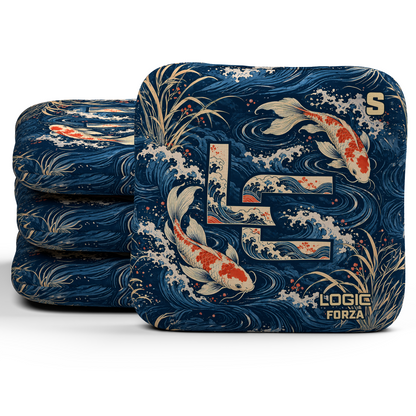 Koi LC Forza Unstamped S cornhole bags, set of four, koi and LC background-only printed slow side.