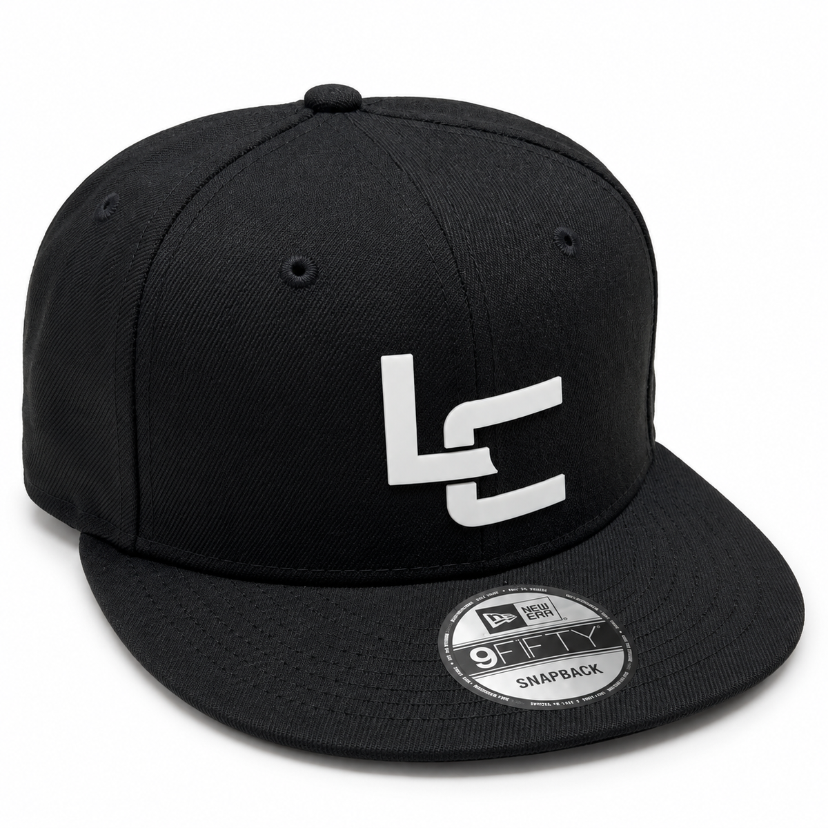 Product mockup of a black New Era 9FIFTY snapback with a white 3D silicone LC logo