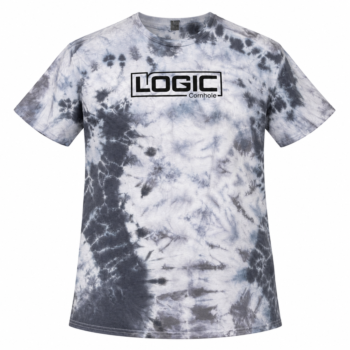 Ghost mockup of Logic Cornhole gray and charcoal tie-dye T-shirt, adult 2XL, front