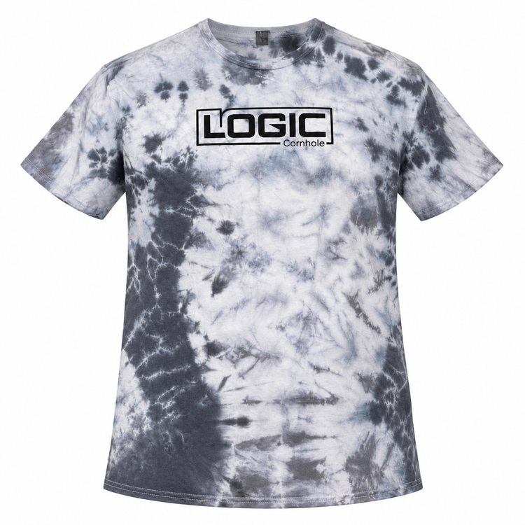 Ghost mockup of Logic Cornhole gray and charcoal tie-dye T-shirt, adult 2XL, front