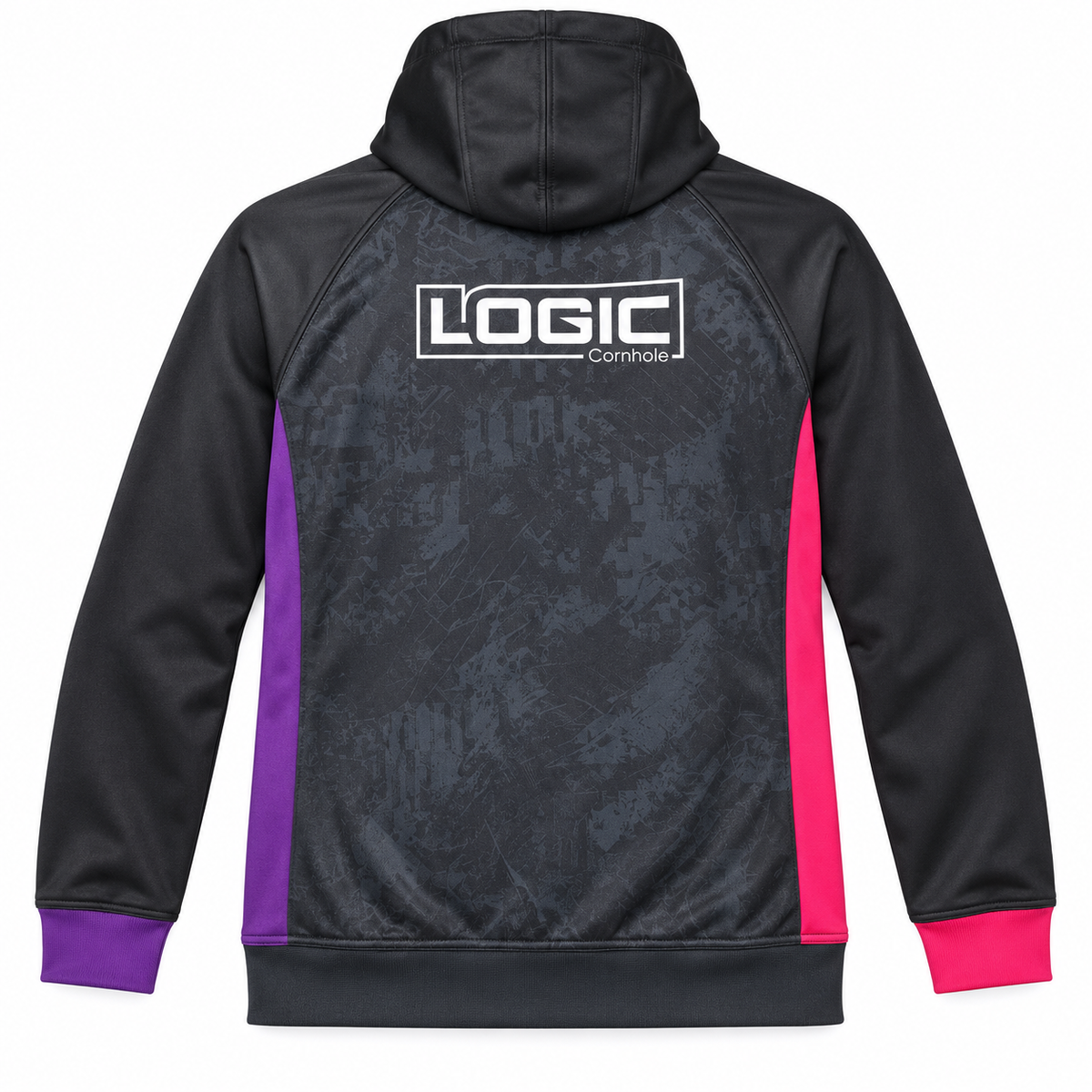 Back ghost mockup of the same one-of-one Logic Cornhole pink and purple hoodie, adult XL