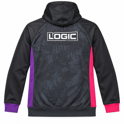 Back ghost mockup of the same one-of-one Logic Cornhole pink and purple hoodie, adult XL