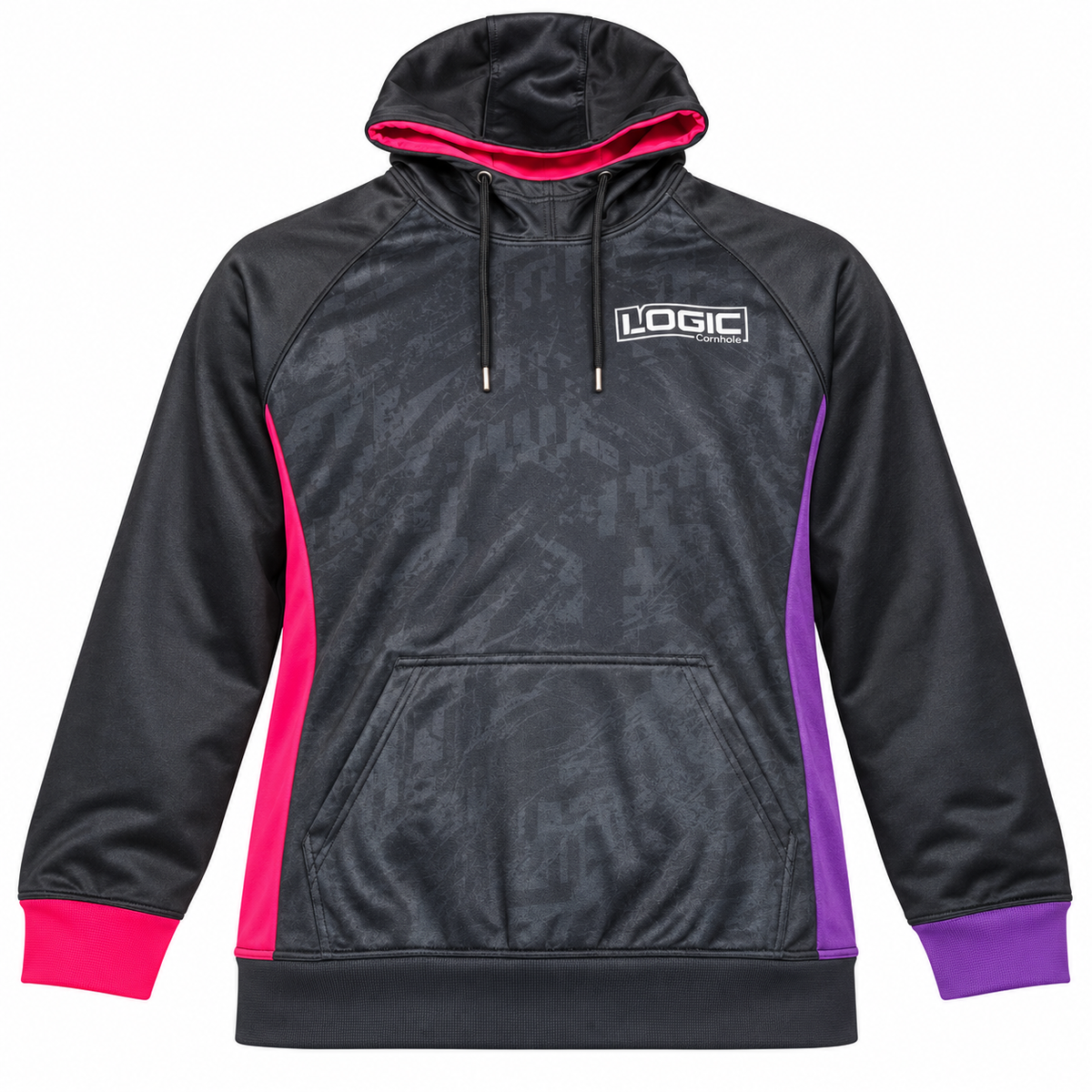 Front ghost mockup of one-of-one Logic Cornhole pink and purple hoodie, adult XL