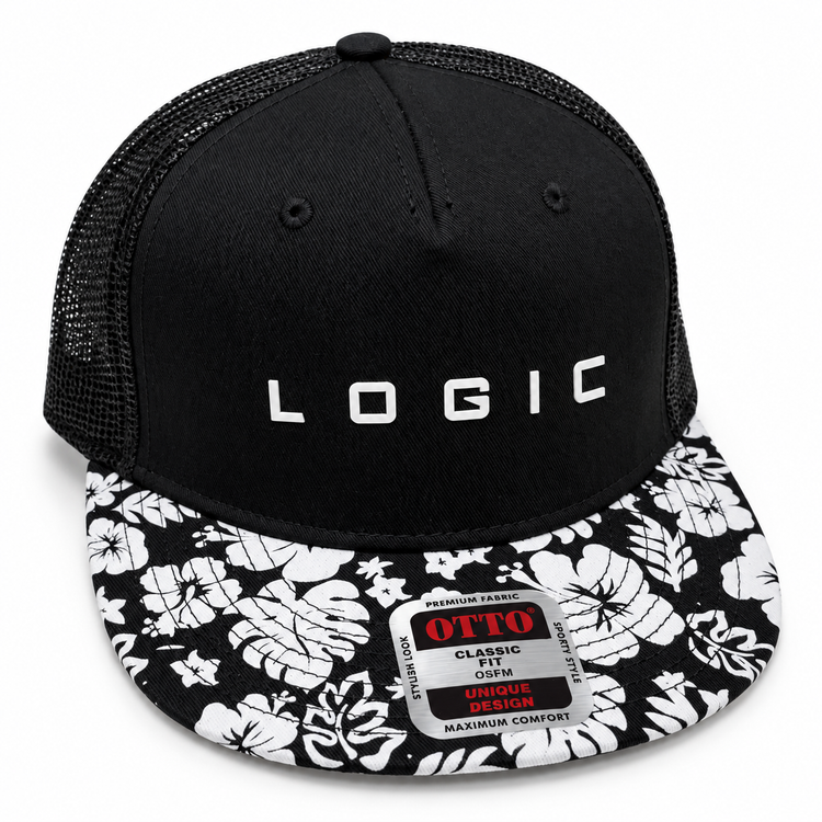 Product mockup of a black Otto snapback with a black-and-white floral bill and white LOGIC logo