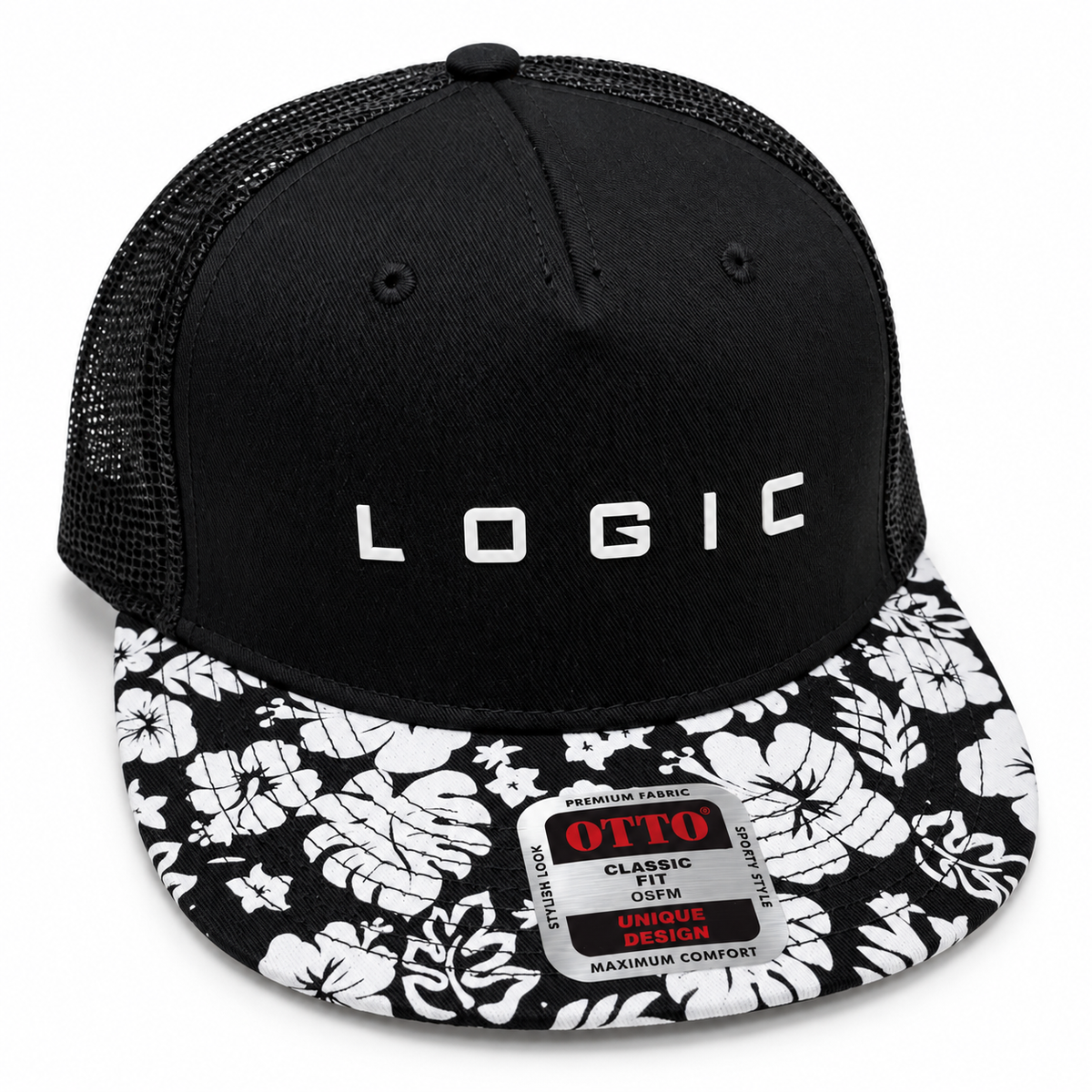 Product mockup of a black Otto snapback with a black-and-white floral bill and white LOGIC logo