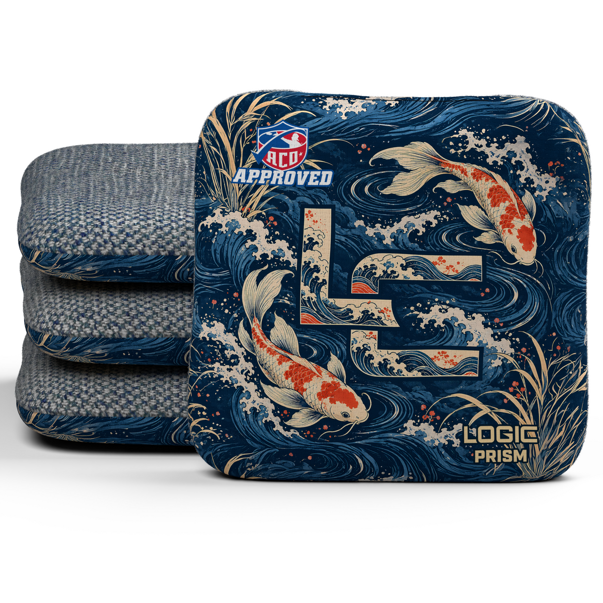 Koi LC Prism ACO Regular cornhole bags, set of four, Denim carpet.