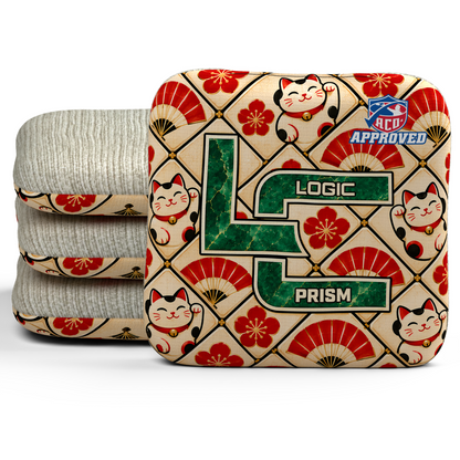 Lucky Jade Prism ACO Regular cornhole bags, set of four, with Natural carpet.