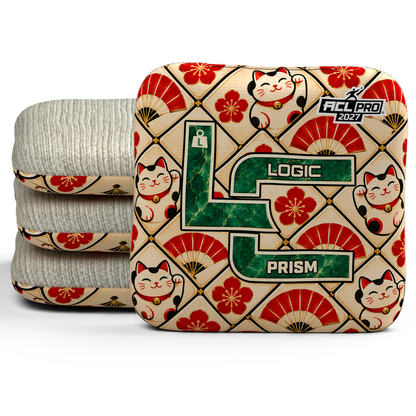 Lucky Jade Prism ACL Light cornhole bags, set of four, with Natural carpet.