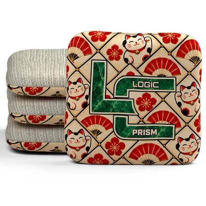 Lucky Jade Prism Unstamped Regular cornhole bags, set of four, with Natural carpet.