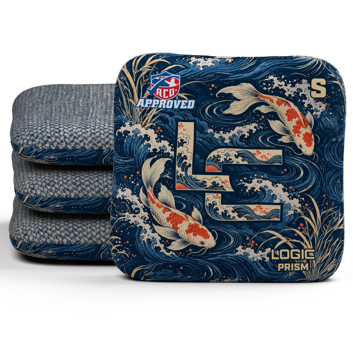 Koi LC Prism ACO S cornhole bags, set of four, Denim carpet.