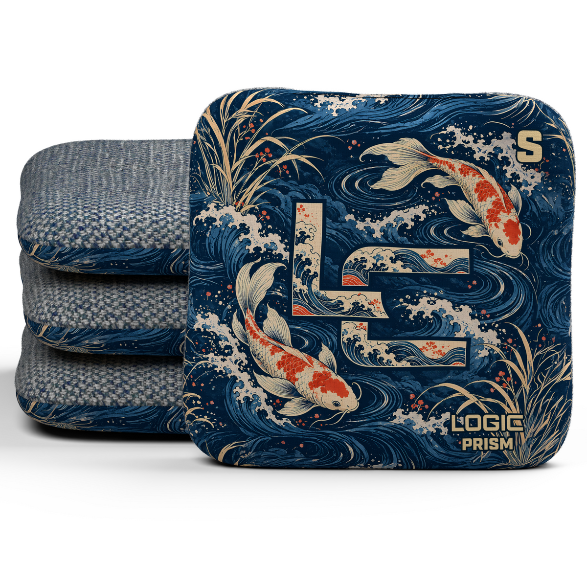 Koi LC Prism Unstamped S cornhole bags, set of four, Denim carpet.