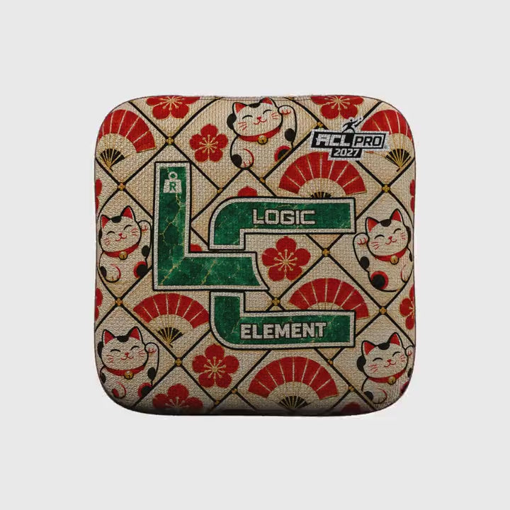 Lucky Jade Element cornhole bags with Poppy carpet, seamless 360-degree view of a set of four.